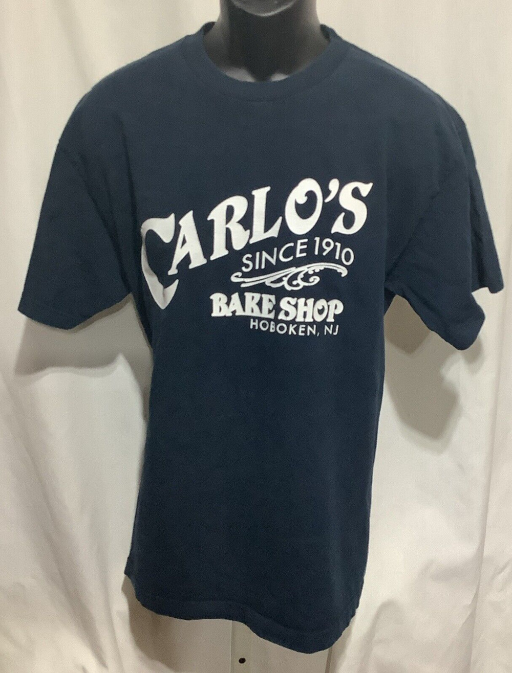 Carlos Bake Shop Hoboken NJ T Shirt Large Navy Blue Buddy Cake Boss Short Sleeve